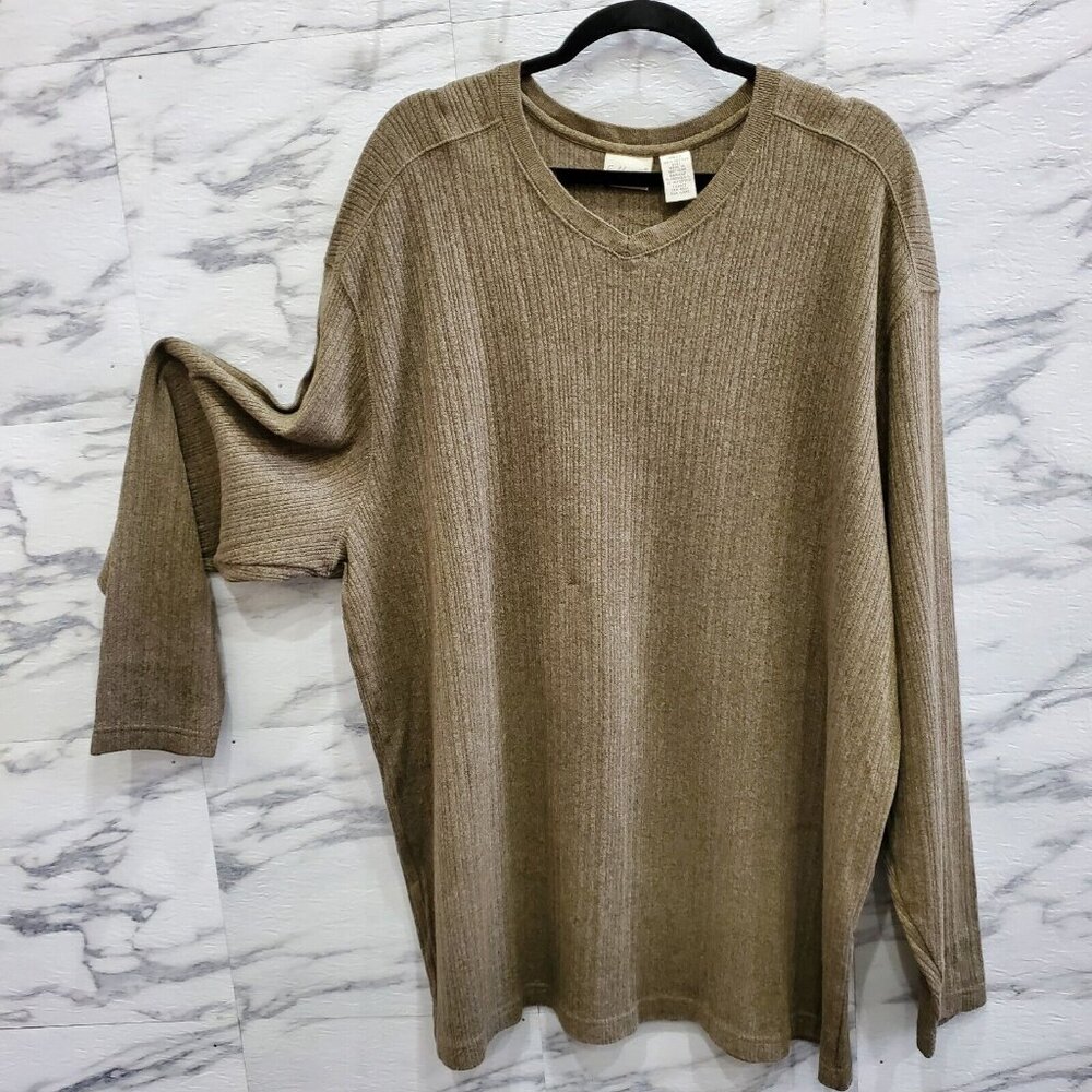 FieldMaster Sweater Mens Size 2XLT Brown Ribbed Knit Stretch V Neck Comfort